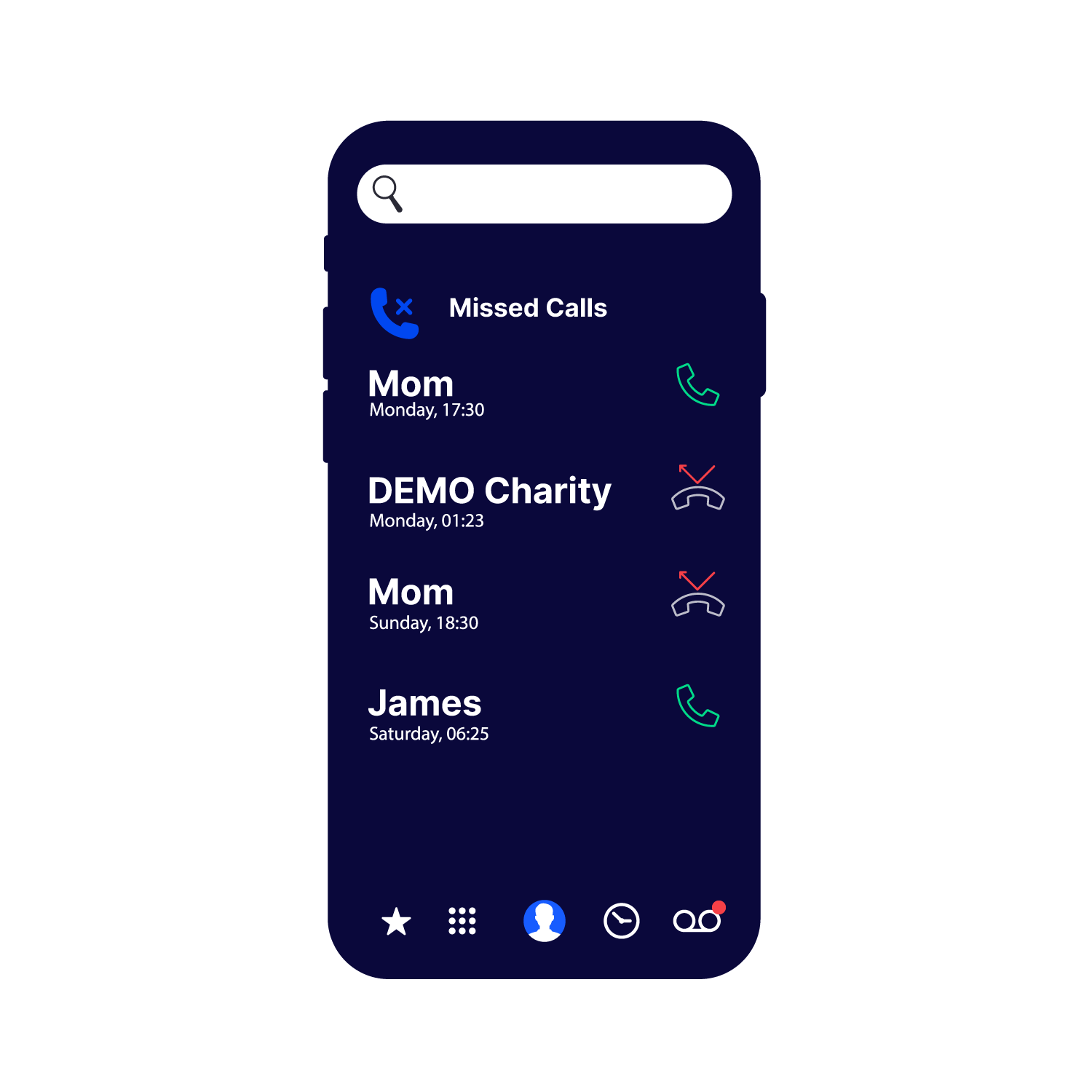 Cell phone screen showing a missed call from DEMO Charity and a new voicemail.