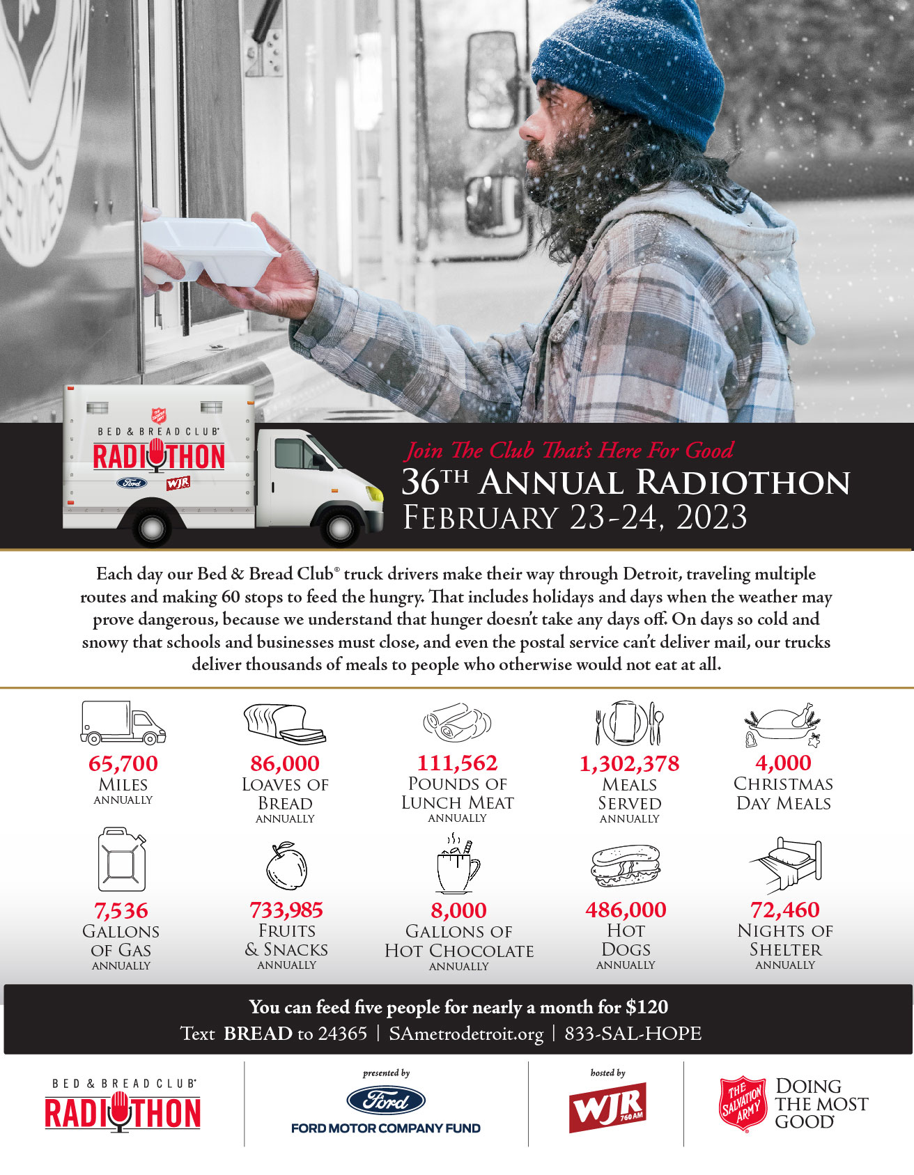 Flier promoting The Salvation Army's Bed & Bread Club Radiothon showing multiple stats about people served.